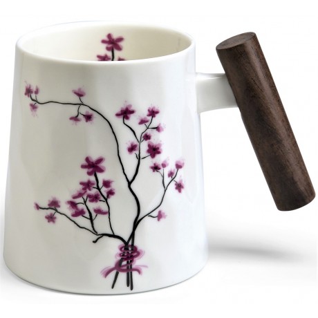 Mug Cherry Blossom Fine Bone China with wooden handle 400 ml