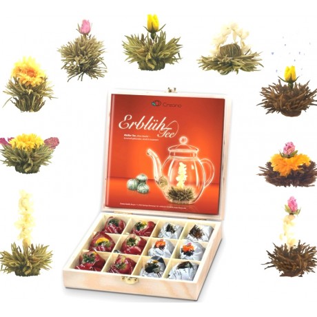 Coffret bois luxe avec 12 fleurs de thé Abloom assorties